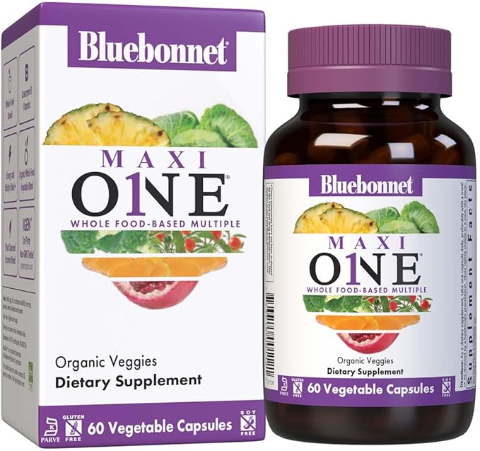 Bluebonnet Nutrition Maxi One (with Iron) Whole Food Multiple Enzymes Energy Vitality Gluten &amp Dairy &amp Soy Free Kosher Vegetarian Friendly Non-GMO 2 Month Supply Beige 60 Count