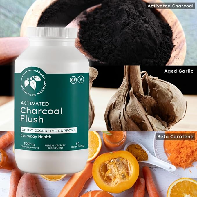 Mountain Meadow Herbs Activated Charcoal Flush – Natural Detox Cleanse Supplement for Digestion Gas Relief and Bloating Support – Activated Charcoal Capsules for Internal Cleansing 240ct