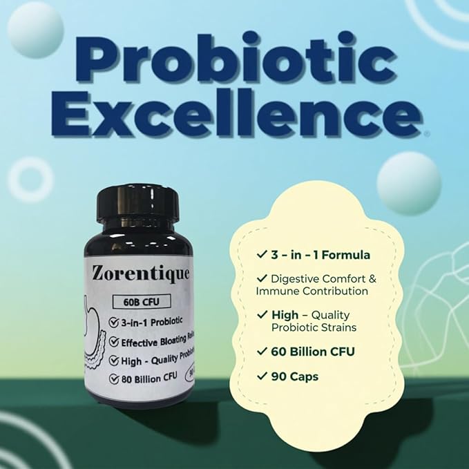 Zorentique Advanced 3-in-1 Probiotic (90 Caps) - Prebiotic &amp Probiotic Blend for Occasional Bloating Support &amp Immune Health 60B CFU at Mfg Room Temp Stable (Store &lt77°F/25°C) - 3 Month S