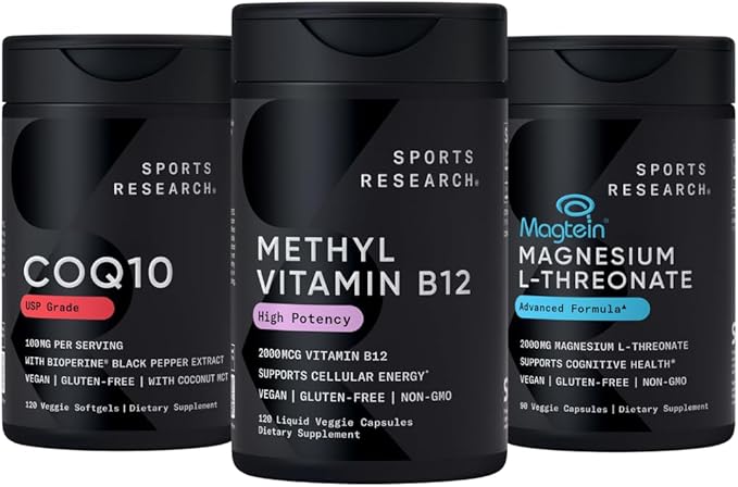 Sports Research® Celular Energy Pack - Plant Based Vitamin B12 as Methylcobalamin 2000mcg + CoQ10 100mg Enhanced w/Coconut Oil &amp Bioperine + High-Absorption Magtein® 2000mg