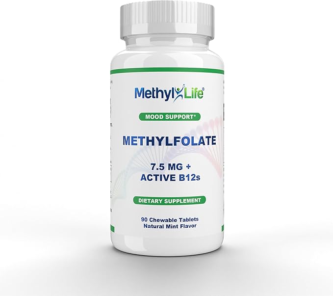Methyl-Life® Pure L-Methylfolate 7.5mg + Vitamin B12 (Hydroxy B12 &amp Adenosylcobalamin) | Active 5-MTHF Calcium with Cerebrofolate® | Vegan Non-GMO Gluten-Free | 90 Chewable Tablets