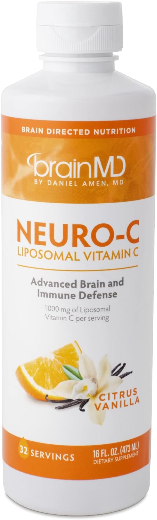 BRAINMD Dr Amen Neuro-C Citrus Vanilla - 16 fl oz - 1000 mg Liposomal Vitamin C - Advanced Brain &amp Immune Defense - Gluten Free - 32 Servings