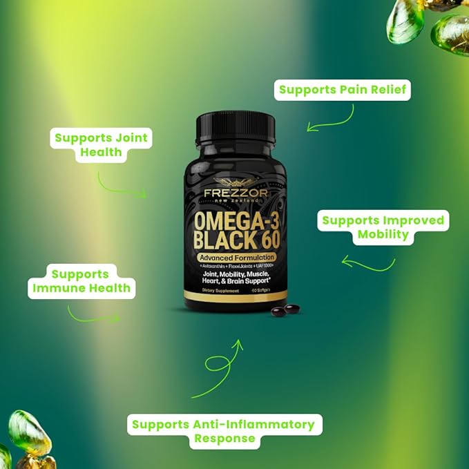 FREZZOR Omega 3 Black Green Lipped Mussel Oil 53x Higher Potency for Superior Joint Comfort &amp Mobility No Fishy Aftertaste 1 Bottle 60 Softgels Plus 1 Pouch of Flaky Sea Salt