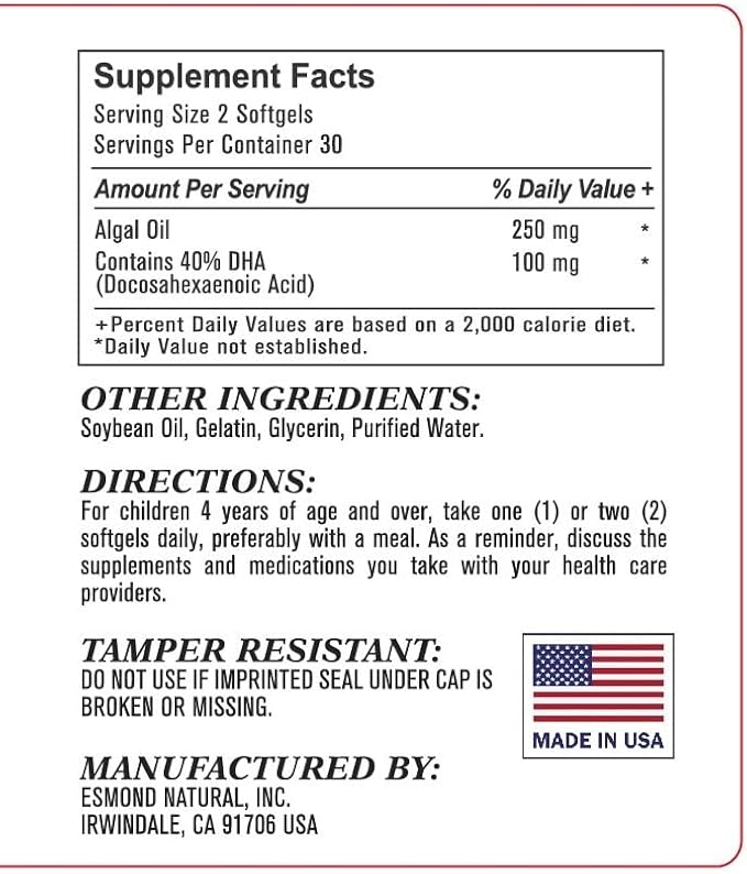 (8 Pack) Esmond Natural: DHA Algal Oil (Made with Onavita Oil. 40% Docosahexaenoic Acid. Supports brain eye and nervous system) GMP Natural Product Assn Certified Made in USA - 500mg 480 Softgels