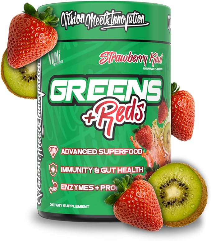VMI Sports Greens + Reds Advanced Superfood Immunity and Gut Health | Enzymes &amp Probiotics | 30 Servings (Strawberry Kiwi)