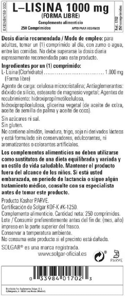 Solgar L-Lysine 1000 mg 250 Tablets - Enhanced Absorption and Assimilation - Promotes Integrity of Skin and Lips - Collagen Support - Amino Acids - Non-GMO Vegan Gluten Free-250 Servings(Pack of 2)