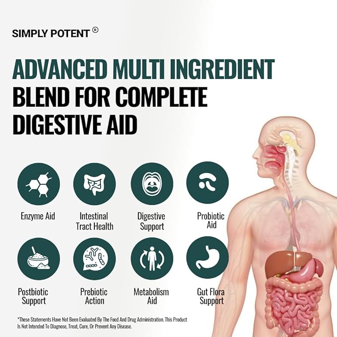 Simply Potent |Digestive Enzymes with PrebioticsProbiotics &amp Postbiotics – 4-in-1 Complete Gut Health Formula with Bacillus CoagulansAmylaseLipase &amp Bromelain |Non-GMOGlutenFreeVegan |60