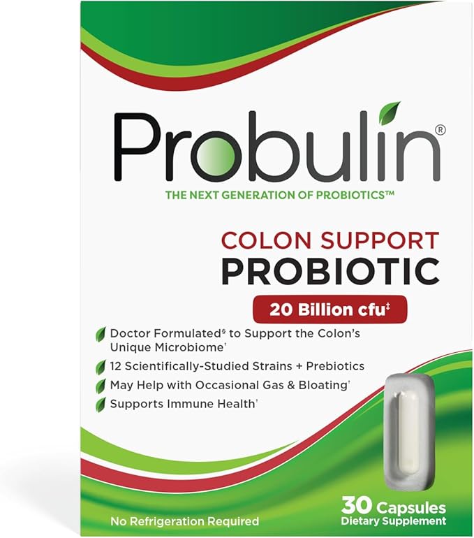Probulin Colon Support Daily Probiotic + Prebiotic + Support Gut Health Occasional Gas and Bloating - 20 Billion CFU - 12 Strains 30 Vegan Capsules