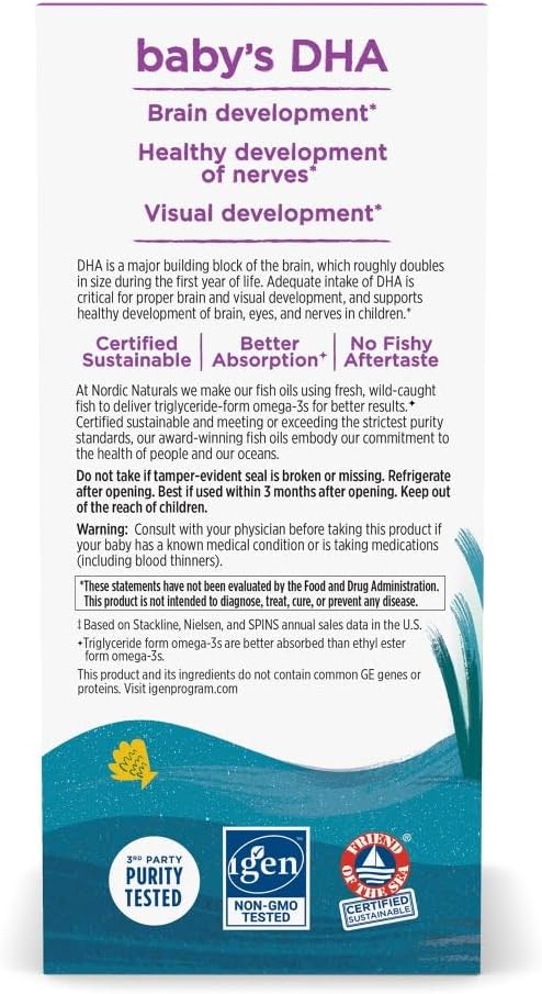 Nordic Naturals Baby’s DHA Unflavored - 4 oz - 1050 mg Omega-3 + 300 IU Vitamin D3 - Supports Brain Vision &amp Nervous System Development in Babies - Non-GMO - Servings May Vary
