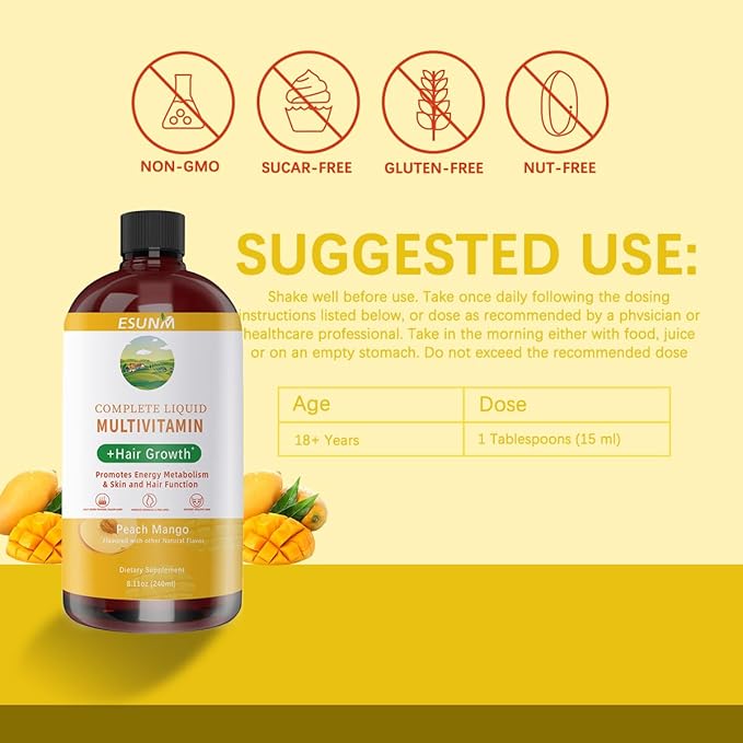 ESUNM Complete Liquid Multivitamin + Hair Growth Promotes Energy Metabolism&amp Skin and Hair Function| Vitamin C D | B Vitamins | Help to Thicker Hair Wrinkles Fine Lines Skin Care