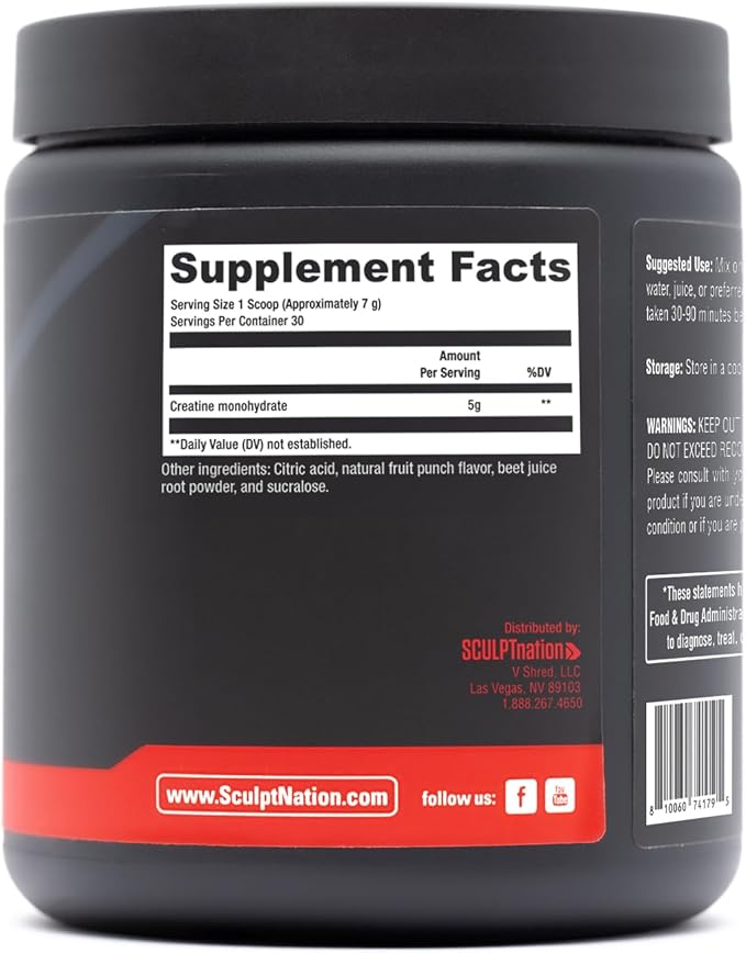 Sculpt Nation by V Shred Creatine - Premium Creatine Monohydrate Powder to Support Muscles Energy and Brain Function Fruit Punch Flavored Creatine - 30 Servings