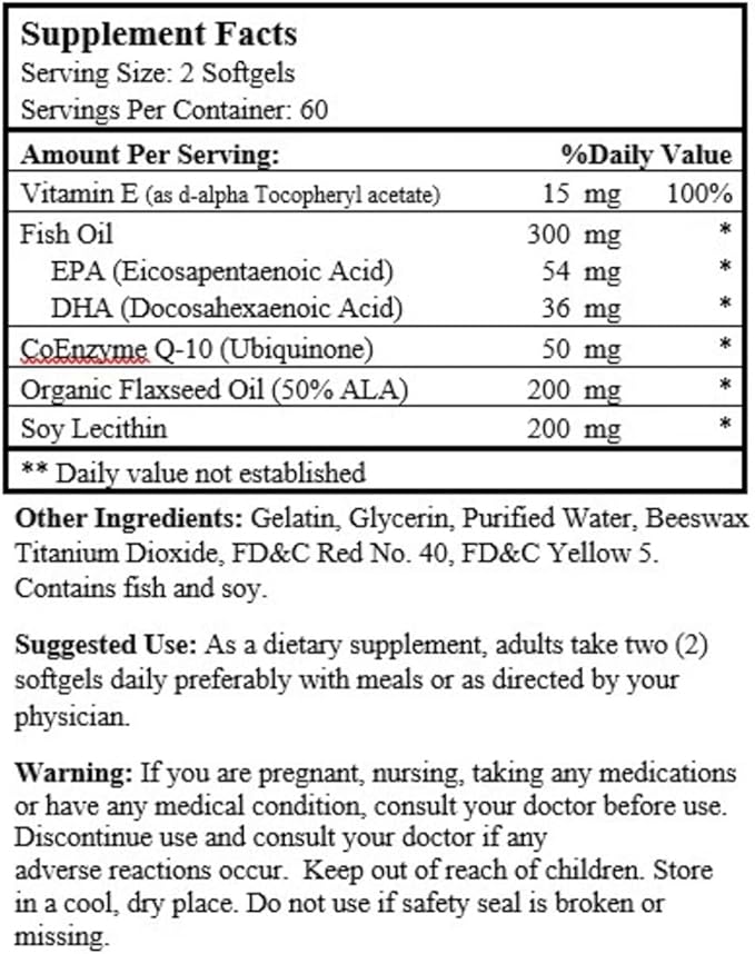 All in One Advanced CoQ10 Supplement | Co Q 10 Supplement with Omega-3 Fish Oil Flaxseed Oil Soy Lecithin &amp Vitamin E | Heart Health Support | 120 Softgels
