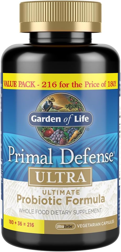 Garden of Life Probiotics for Digestive Health and Gut Health Balance Primal Defense Ultra Ultimate Formula 15 Billion CFU and 13 Strains Plus HSOs Vegetarian and Gluten Free 216 Capsules