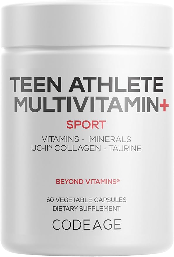 Codeage Teen Athlete Multivitamin+ Sports Supplement - Creatine Methylated B Vitamins Taurine UC-II Collagen Ferrochel Iron Ashwagandha Magnesium Electrolytes - Non-GMO - 60 Capsules
