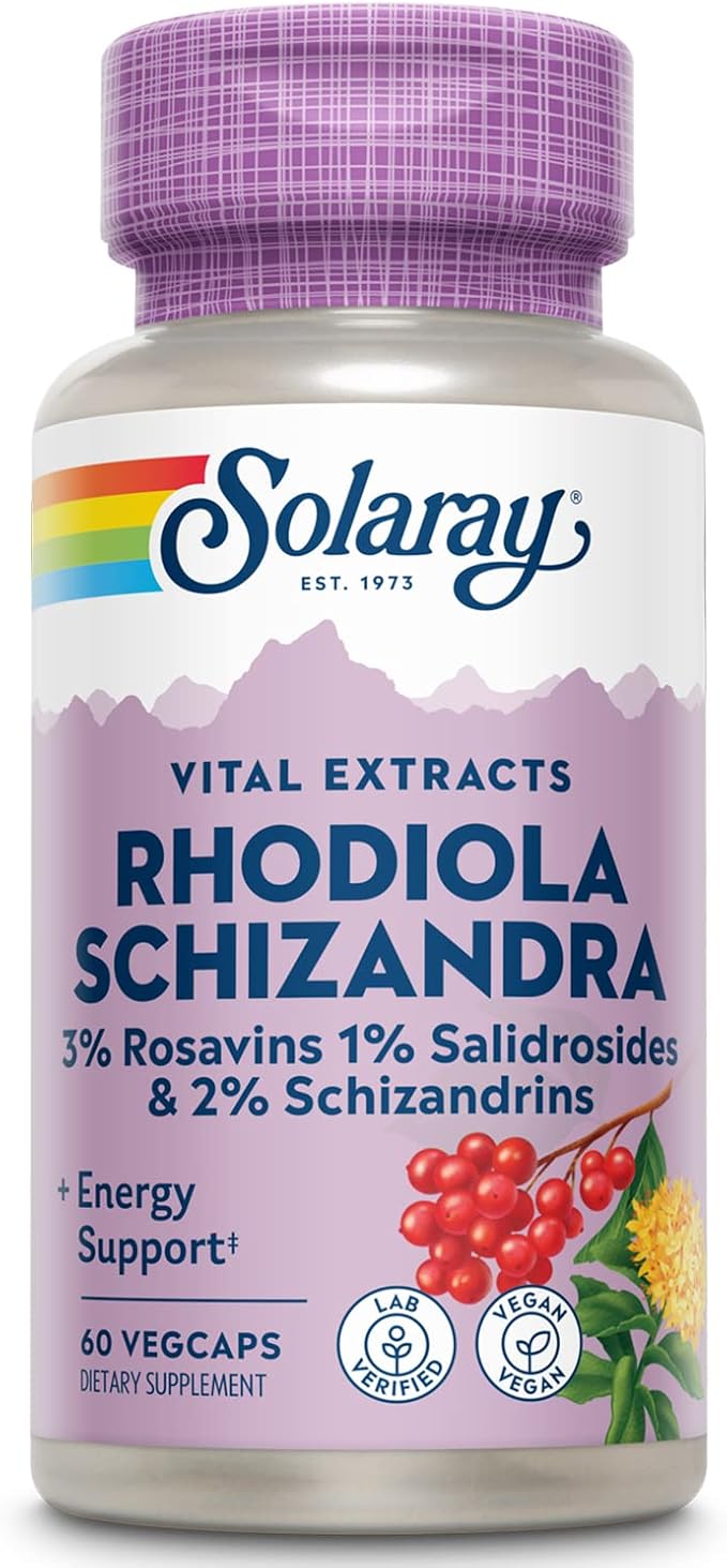 SOLARAY Rhodiola Schizandra - Rhodiola Rosea Extract - Energy Support and Occasional Stress Relief Supplement - Vegan Lab Verified 60-Day Guarantee - 60 Servings 60 VegCaps