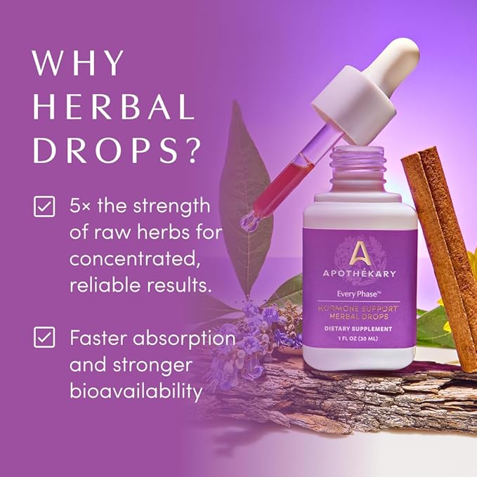 Apothékary Every Phase Natural Hormone Support Hormone-Free Herbal Liquid Drops Clinically-Proven Mediterranean Pine Bark Chaste Tree Berry Menstrual and Menopause Support 1 oz 30 Servings
