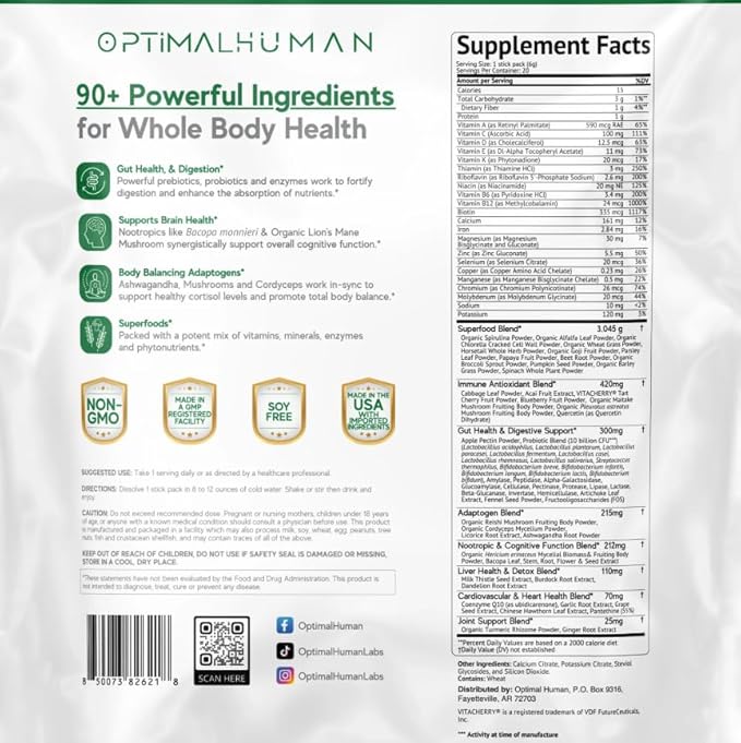 Optimal Human Superfood Greens Powder – 90+ Ingredient Blend with Lion’s Mane Supplement Ashwagandha &amp Turmeric – Non-GMO Soy-Free Mushroom Supplements for Women – 20 Sachets