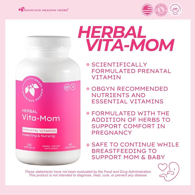 Mountain Meadow Herbal Vita-MOM Prenatal Vitamins – Herbal Supplement for Women with 5-MTHF Folate Iron Multivitamins &amp Organic Herbs – 120 Softgels (2-Month Supply)