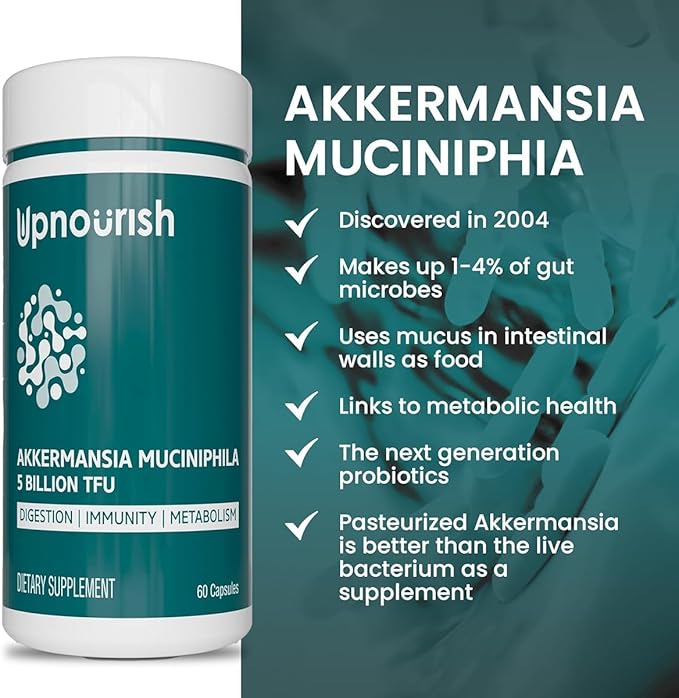 UpNourish Probiotics for GLP-1 Support 5 Billion TFU Akkermansia Muciniphila for Digestive Health Leaky Gut Immunity and Metabolic Health Prebiotics and Probiotics for Women and Men 60 Capsules