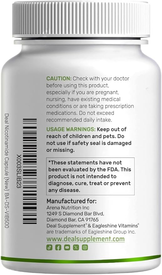 Vitamin B3 Nicotinamide 1000mg Per Serving – 500 Capsules Flush Free Niacin Essential B3 – Supports Healthy Skin &amp Energy Production – Non-GMO