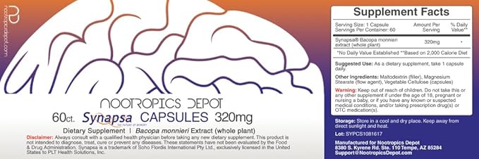 Nootropics Depot Synapsa Bacopa Monnieri Capsules | 320mg | 60 Count | Whole Plant Extract | Ayurveda Supplement | Adaptogen Herb | to Enhance Learning Memory &amp Mental Performance