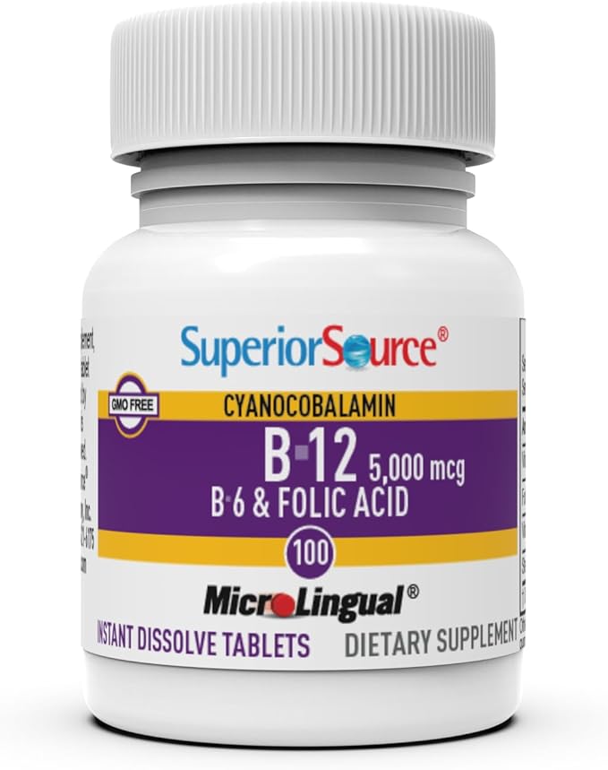 Superior Source No Shot Vitamin B-12 Cyanocobalamin 5000 mcg B-6 Folic Acid 800 mcg - Support Brain &amp Heart Health - Aids Natural Energy Levels - 100 Sublingual Dissolving Tablets