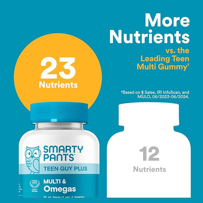 SmartyPants Teen Guy Multivitamin Gummies Omega 3 (DHA/EPA) Vitamin D3 C Vitamin B12 B6 A K &amp Zinc Folate Gluten Free Fruit Flavor 60 Count (30 Day Supply)