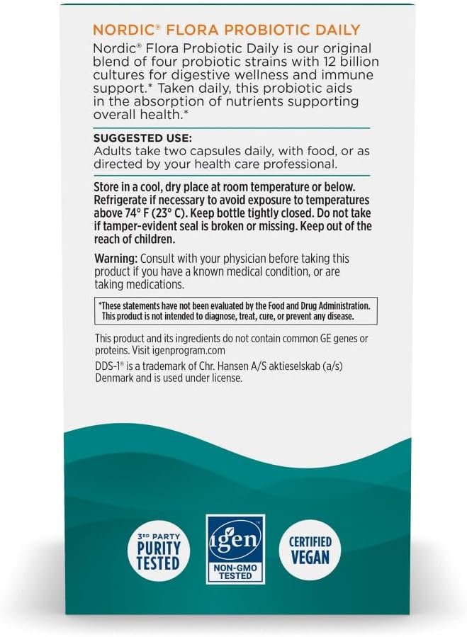 Nordic Naturals Nordic Flora Probiotic Daily - 60 Capsules - 4 Probiotic Strains with 12 Billion Cultures - Optimal Wellness Immune Support Digestive Health - Non-GMO Vegan - 30 Servings