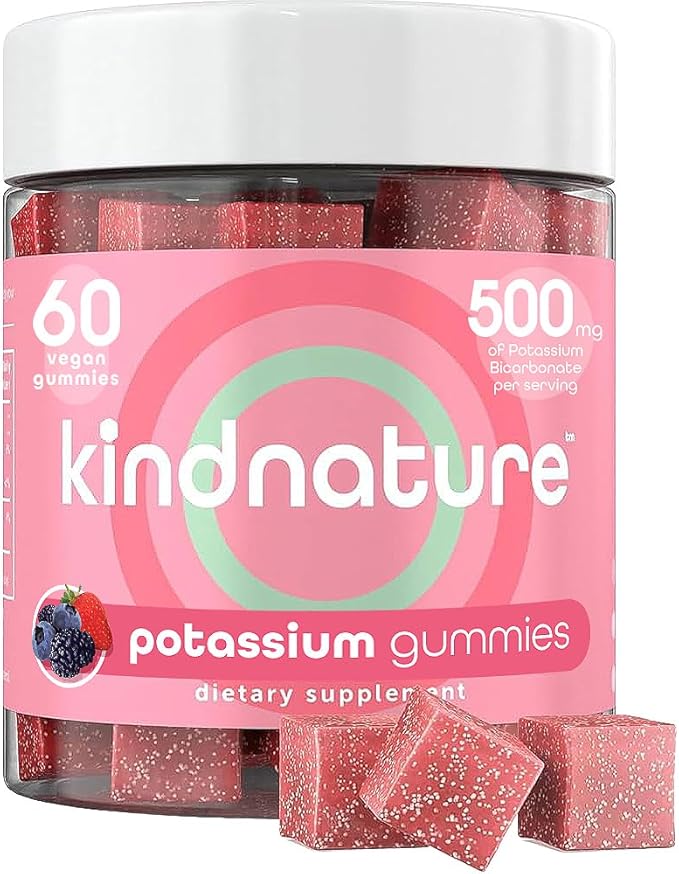 KINDNATURE High Potassium Gummies 500mg for Leg Cramps &amp Electrolyte Support - Chewable Pure Potassium Bicarbonate Supplement - Adults &amp Kids - Vegan Non GMO - 60 Gummies (30 Day Supply)