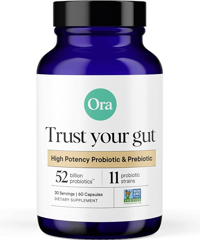 Ora Organic Probiotics with Prebiotics - 52 Billion CFU 11 Clinically Studied Strains for Digestive Health Trust Your Gut Gluten Free 60 Capsules