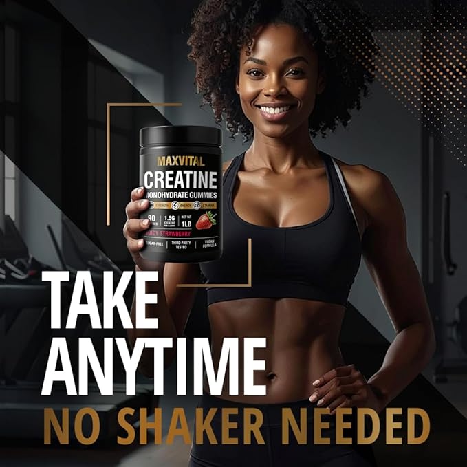 Creatine Monohydrate Gummies 1500 mg – Juicy Strawberry Chewable – Pre-Workout for Strength &amp Muscle Support – Vegan Sugar-Free &amp Halal – for Men &amp Women – 90 Gummies