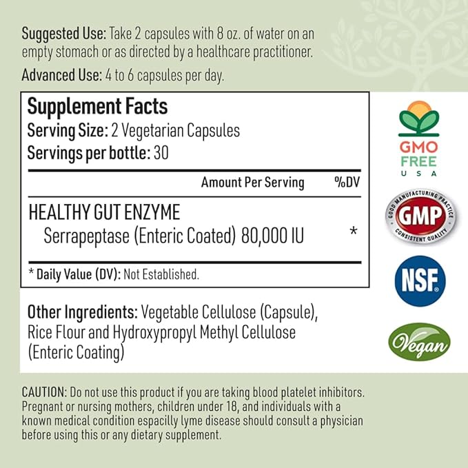 Serrapeptase Pure Digestive Proteolytic Enzymes Enteric Coated Premium Healthy Gut Protection and Vegan Liver Support Supplement for Sinus Respiratory and Gut Health NonGMO (60 Caps)