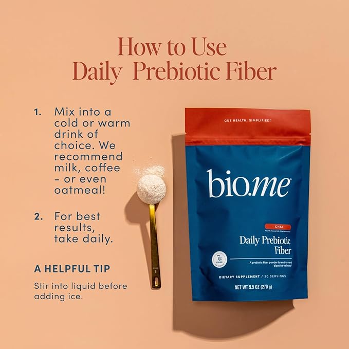 Bio.me Daily Prebiotic Fiber Powder Chai - 7g Per Serving - Soluble &amp Insoluble Fiber Supplement Powder for Women &amp Men - Digestive Health &amp Gut Health - GLP-1 Friendly Sugar Free - 30 Se