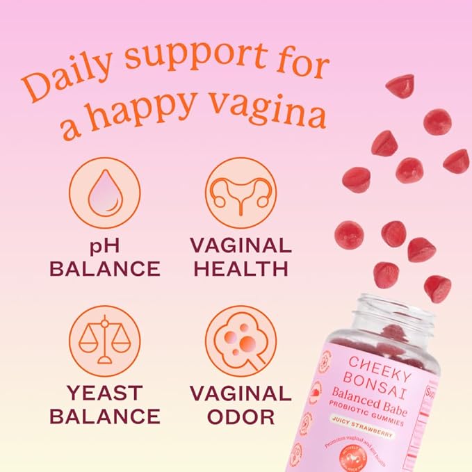 Cheeky Bonsai Vaginal Probiotic Gummies for Women - Balanced pH Healthy Odor and Flora Support - 5 Billion CFUs - Juicy Strawberry Flavor 60 Count