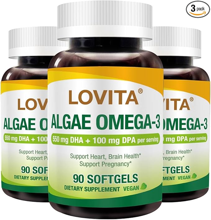 Lovita Algae Omega-3 Vegan and Plant-Based DHA &amp DPA Fish Oil Alternative 1000mg Algae Oil Support Heart and Brain Health Carrageen-Free 90 Softgels (Pack of 3)