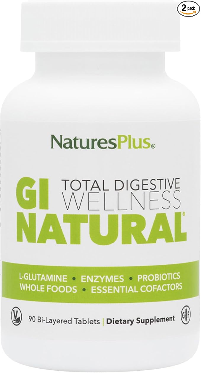 NaturesPlus GI Natural Total Digestive Wellness - 90 Bi-Layered Tablets Pack of 2 - With L-Glutamine Probiotics Prebiotics &amp Enzymes - Gluten Free - 60 Total Servings