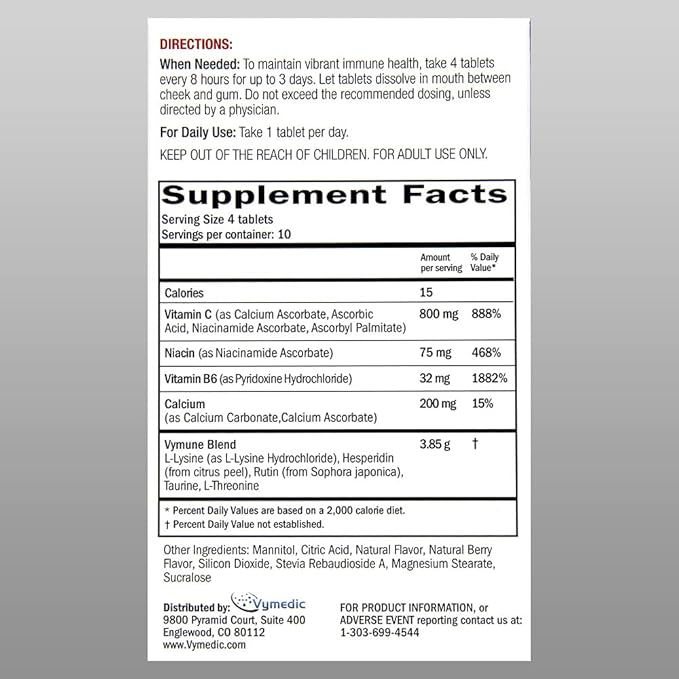 Vymune Amino-Acid Advanced Immune Support Supplement with Powerful Amino Acids Taurine Lysine and Threonine Meltaway Tablets Berry Flavored – for Adults (800mg Vitamin C 40ct.)