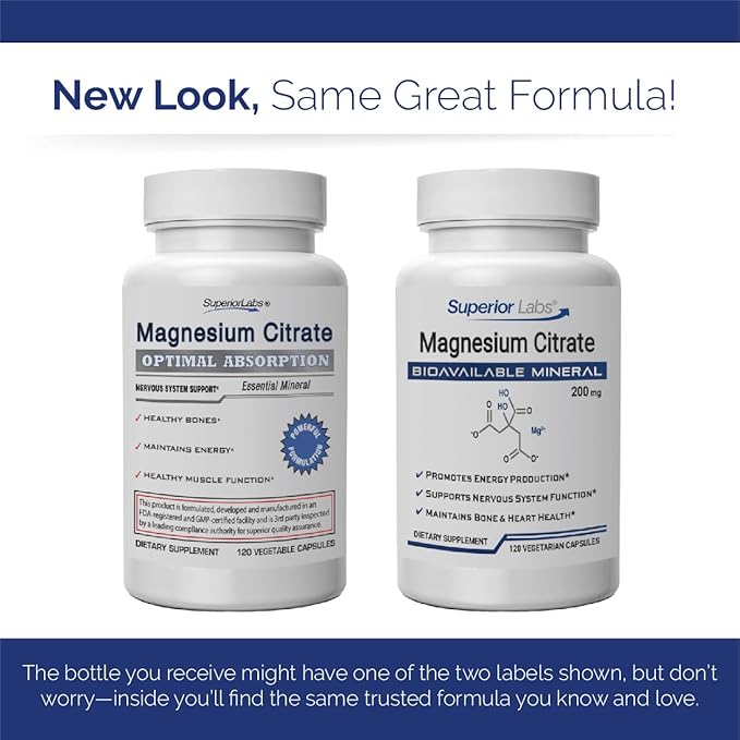 Superior Labs Magnesium Citrate 200mg High Absorption Non-GMO Additive-Free &amp Gluten-Free Promotes Calm Sleep Eases Muscle Cramps &amp Twitches Supports Constipation Relief 120 Veg Caps