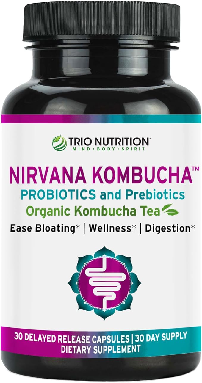 TRIO NUTRITION Nirvana Kombucha - Multi-Strain Probiotics &amp Prebiotic Blend with Organic Tea - Delayed-Release Capsules for Digestive &amp Immune Health - Bloating Relief - Natural pH Balance