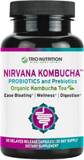 TRIO NUTRITION Nirvana Kombucha - Multi-Strain Probiotics &amp Prebiotic Blend with Organic Tea - Delayed-Release Capsules for Digestive &amp Immune Health - Bloating Relief - Natural pH Balance