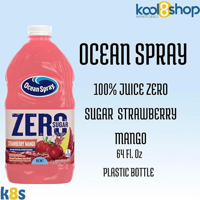 Ocean Spray Strawberry Mango Zero Sugar Fruit Juice Drink 64 fl oz 4 Pack + 15 Sugarcane Disposable Straws by KOOL8SHOP Infinite Deals