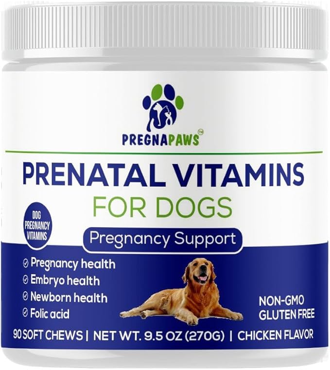 Dog Prenatal Vitamins - Supports Healthy Pregnancy Puppy Development &amp Lactation - Rich in Folic Acid Iron &amp Calcium - Advanced Prenatal Supplement for Pregnant and Nursing Dogs - 90 Soft Ch