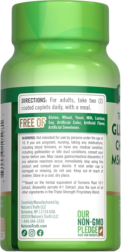 Nature's Truth Triple Strength Glucosamine Chondroitin MSM Complex Dietary Supplement - 60 Coated Caplets Pack of 6