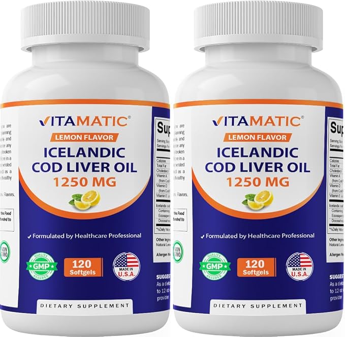 Vitamatic 2 Pack Icelandic Cod Liver Oil Capsules 1250mg 120 Softgels (Lemon Flavor) - Promotes Cardiovascular Health
