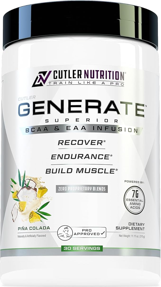 Cutler Nutrition Generate EAA and BCAA Powder: Best Branched Chain Amino Acids Supplement with Essential Amino Acids 5g BCAAs 2g EAAs for Lean Muscle Mass | Pina Colada 30 Servings