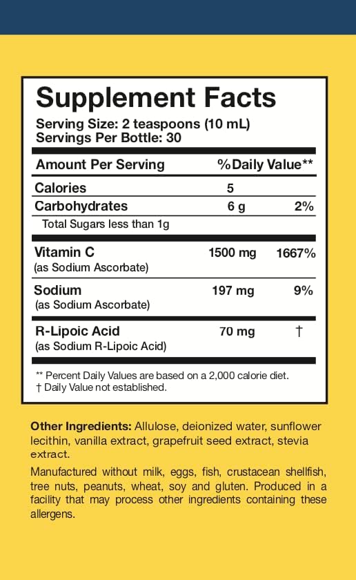 Researched Nutritionals C-RLA - Liposomal Vitamin C with R Lipoic Acid to Support Detox - Vegan &amp Soy-Free Vitamin C Liquid Vanilla Caramel Flavor (10 Fl Oz)