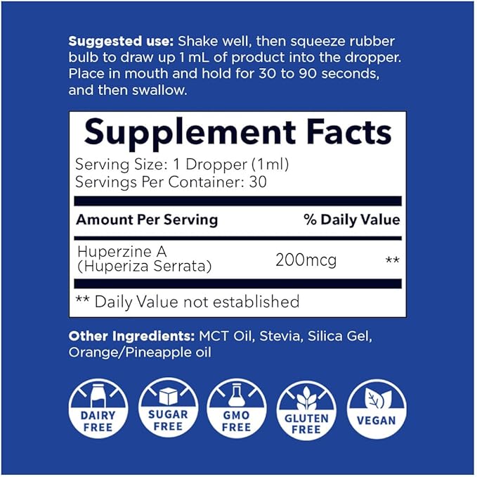 Nano HUPERZINE A | Nanosized Liquid Particles | Instant Absorption | Attention Focus Memory Mental Clarity | Non-GMO GMP Certified | 30 Servings/6000mcg per Bottle