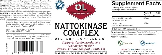Olympian Labs Nattokinase Complex with Grape Seed Extract Herbal Supplements Superior Heart Health Support - 30 Daily Capsules