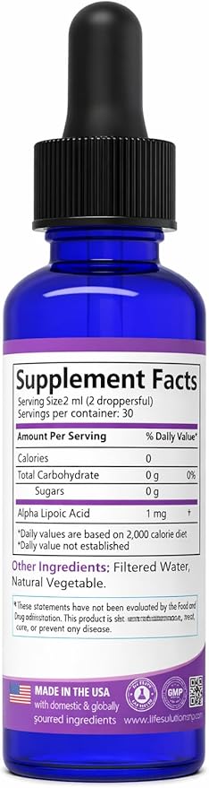 Life Solutions Liquid Alpha Lipoic Acid with Dropper – 2 fl oz – High Absorption Antioxidant Supplement for Cellular Health Energy Support &amp Travel-Friendly Convenience