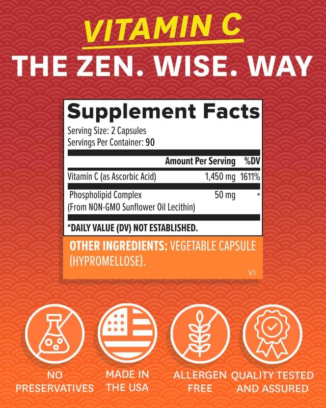 Zenwise Health Enhanced Absorption Liposomal Vitamin C Supplement - 1500mg Liposomal VIT C for Immune Support Antioxidant &amp Natural Energy Boost - Organic &amp Gluten Free - Unflavored 180 Caps